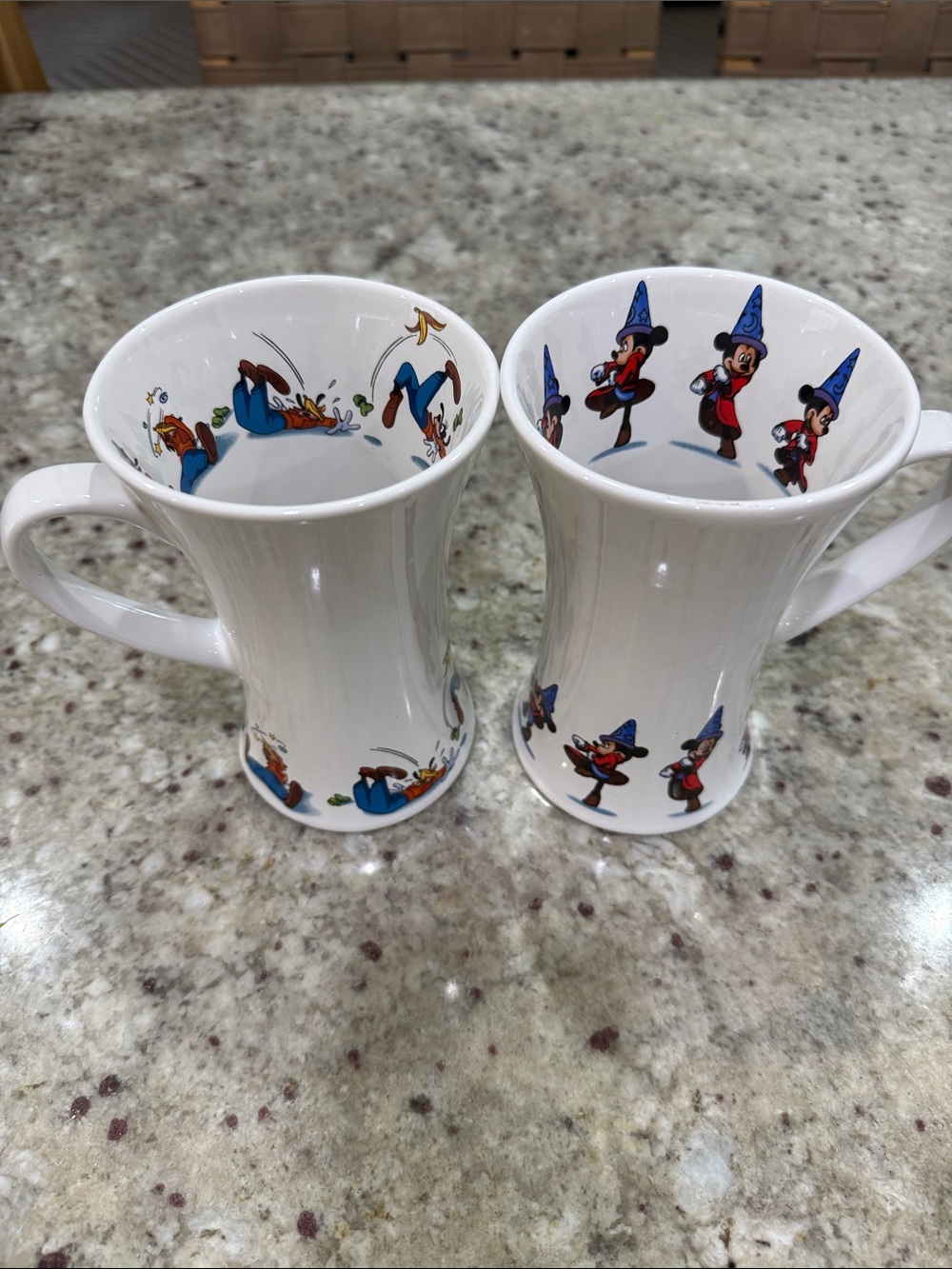 Set of 2 Disney Mugs:Goofy Slipping on Banana, Fantasia Sourcer Mickey 6” cups